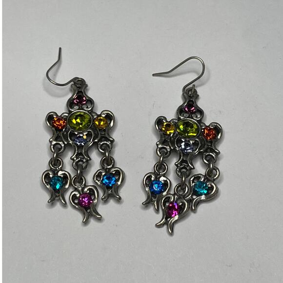 Chico's earrings chandelier dangle pierced silver tone burnished multi colored - Picture 2 of 9